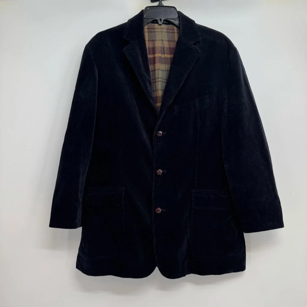 J.Crew Sz M Corduroy Sport Coat Blazer Jacket Black Flannel Lined Elbow Patches